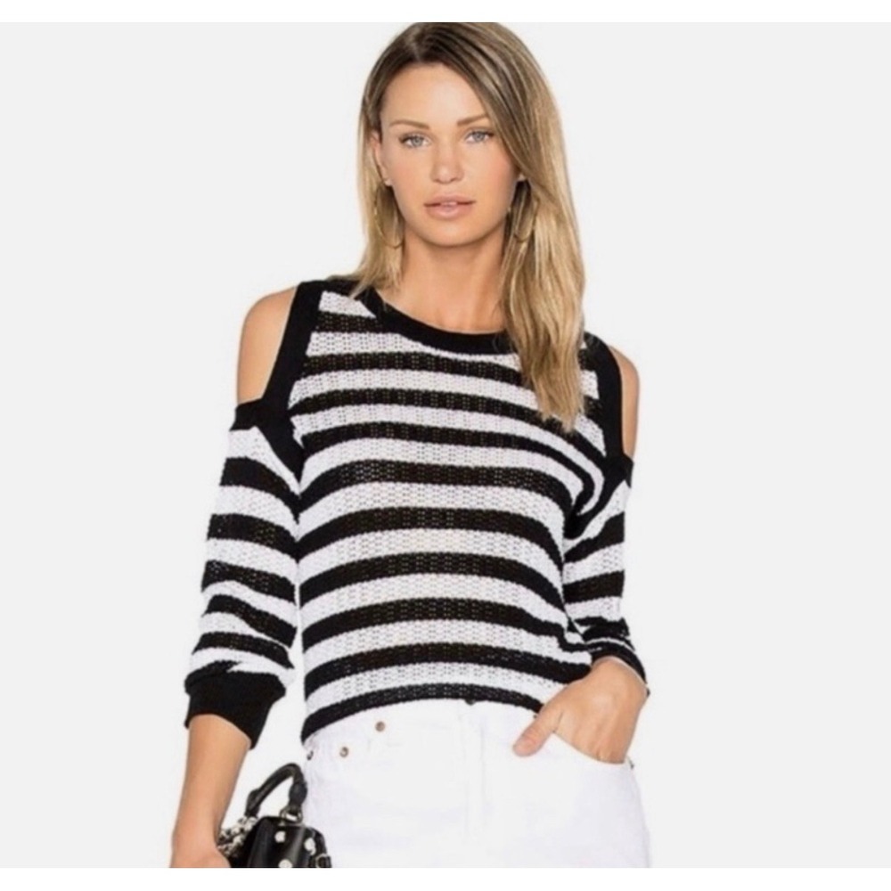 Rag & Bone Striped Cold Shoulder Top Black White Cotton Open Knit XS
